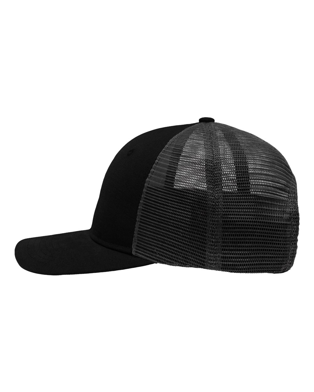 Left View of Black/ Black Modern Six-Panel Trucker Fit Cap - SP1650