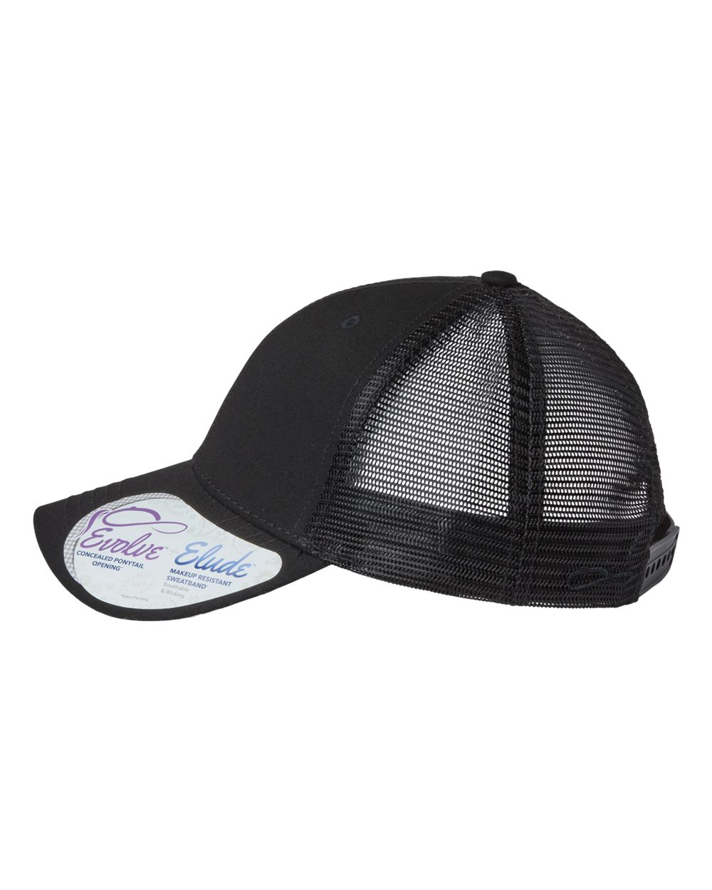 Left View of Black/ Black Women's Modern Trucker Cap - CHARLIE