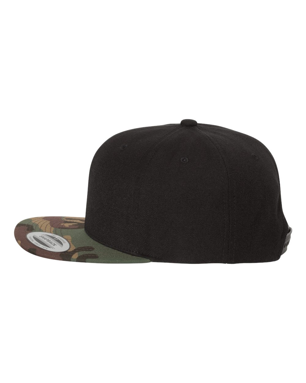 Left View of Black/ Camo Premium Flat Bill Snapback Cap - 6089M