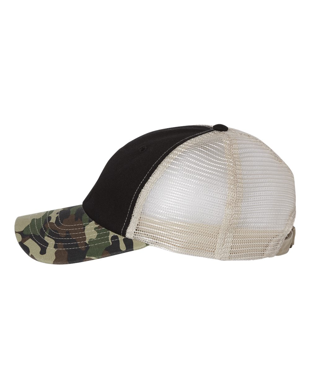 Left View of Black/ Camo/ Stone Contrast-Stitch Mesh-Back Cap - 3100