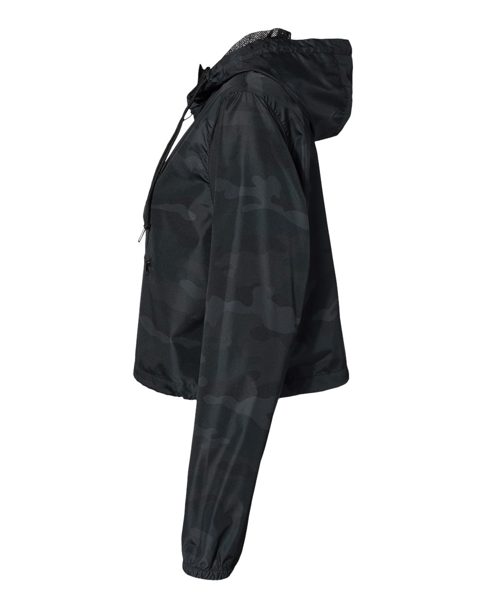 Left View of Black Camo Women's Lightweight Quarter-Zip Pullover Crop Windbreaker - EXP64CRP
