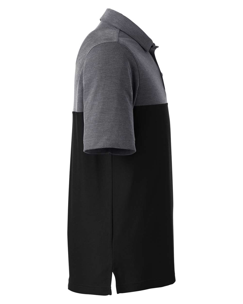 Left View of Black/ Carbon Heather Men's Fusion ChromaSoft™ Colorblock Polo - CE112C