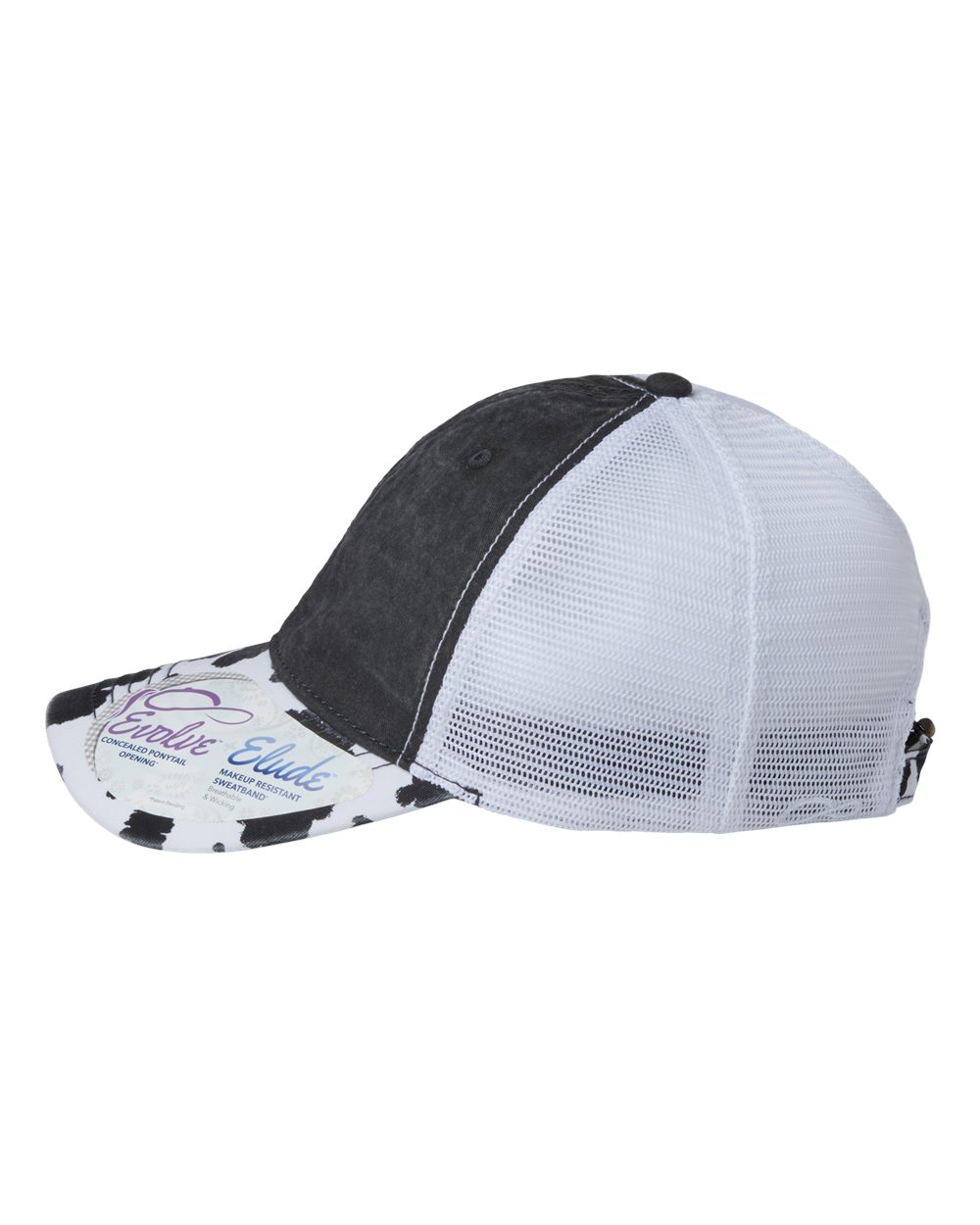 Left View of Black/ Cow/ White Women's Printed Bill with Mesh Back Cap - JANET