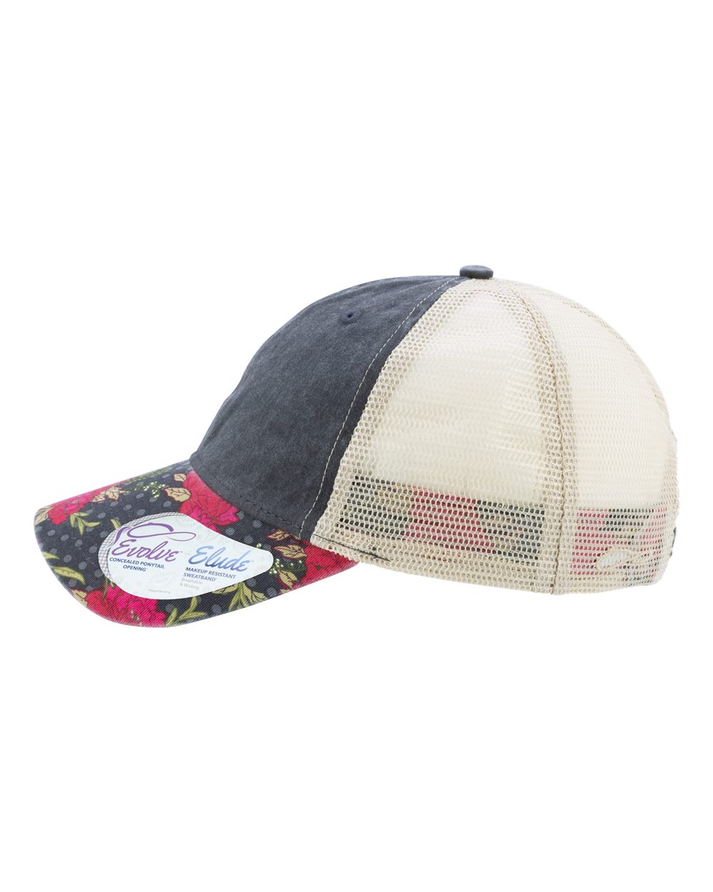 Left View of Black/ Floral/ Khaki Women's Printed Bill with Mesh Back Cap - JANET