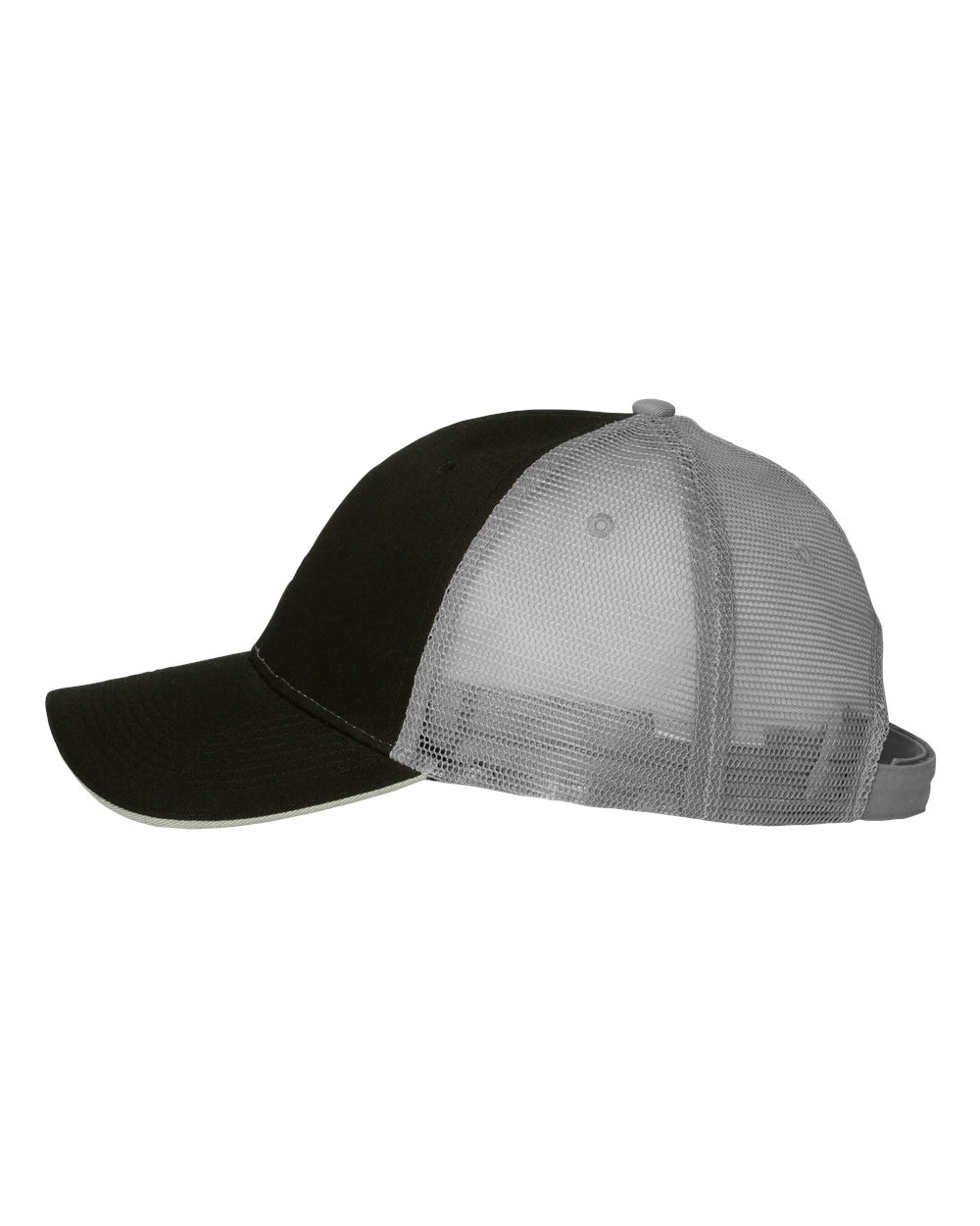 Left View of Black/ Grey Sandwich Trucker Cap - S102