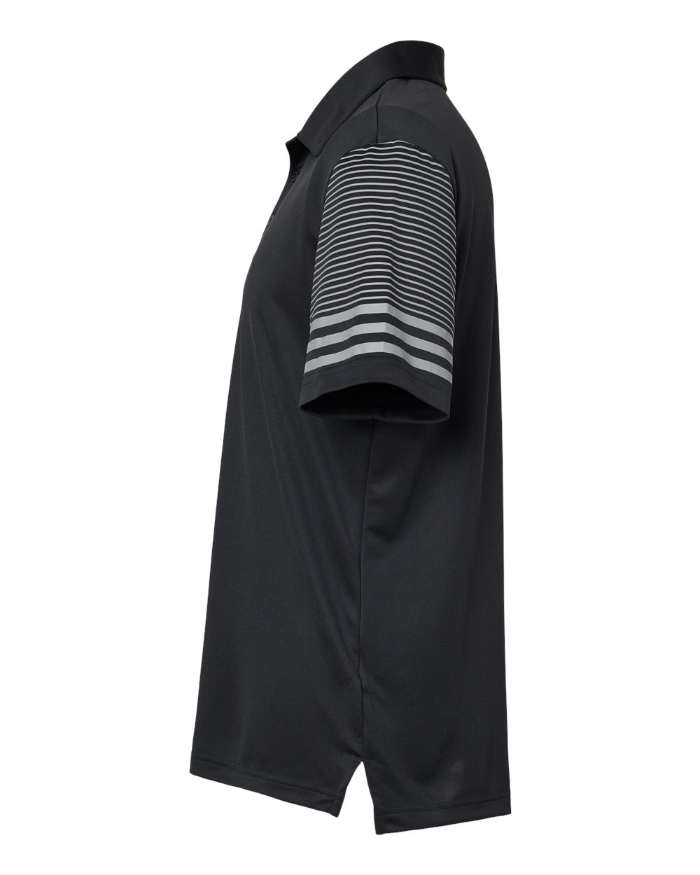 Left View of Black/ Grey Three Striped Sleeve Polo - A490