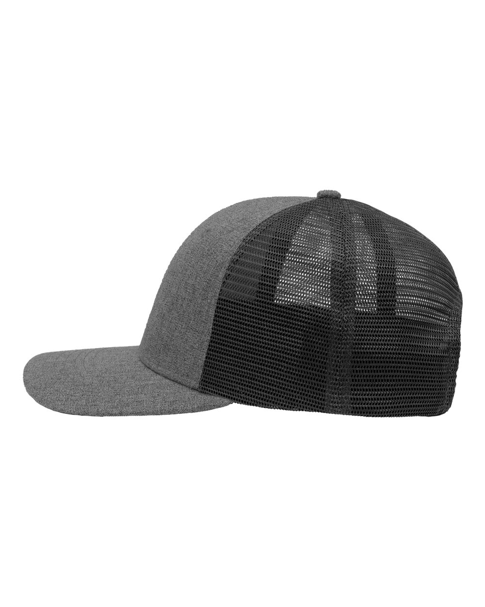 Left View of Black Heather/ Black Modern Six-Panel Trucker Fit Cap - SP1650