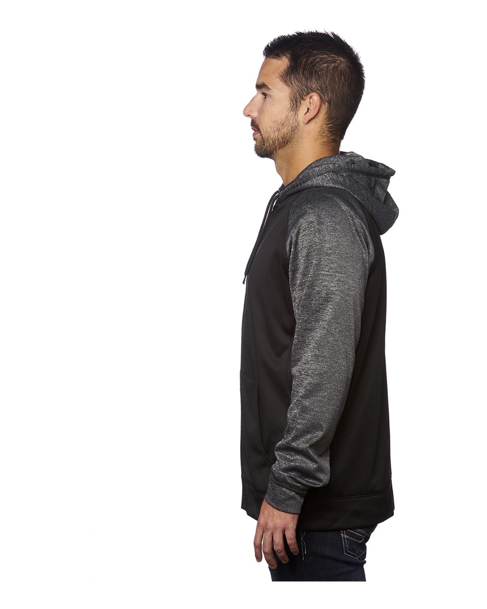 Left View of Black/ Heather Charcoal Performance Raglan Full-Zip Sweatshirt - 8660