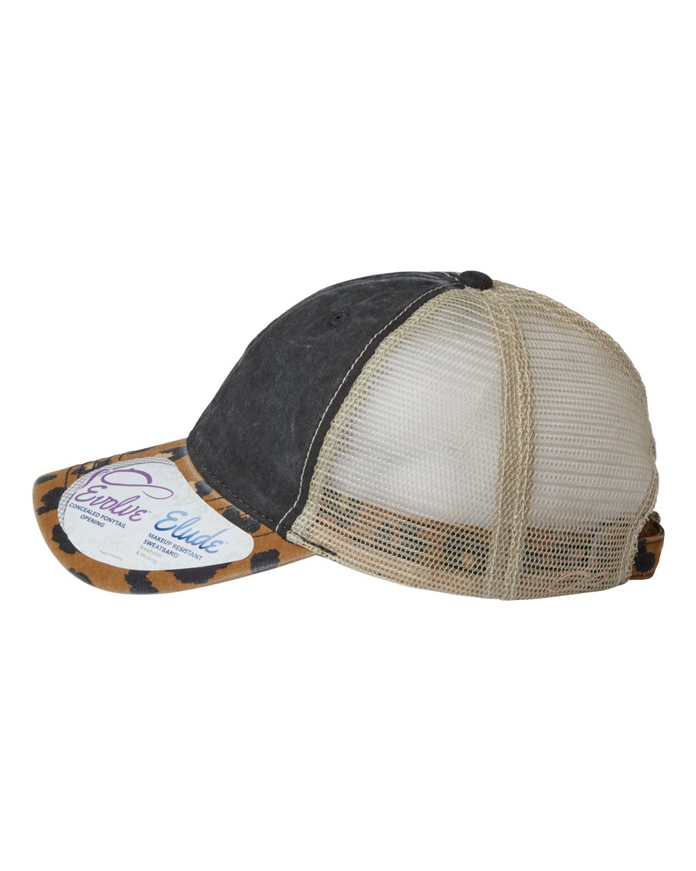 Left View of Black/ Leopard/ Khaki Women's Printed Bill with Mesh Back Cap - JANET
