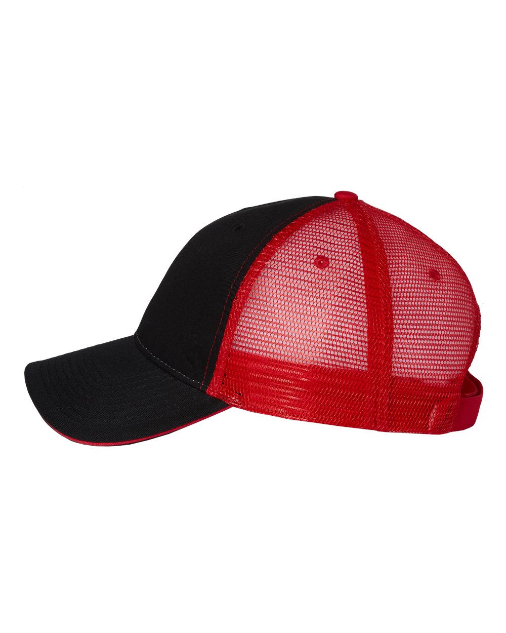 Left View of Black/ Red Sandwich Trucker Cap - S102