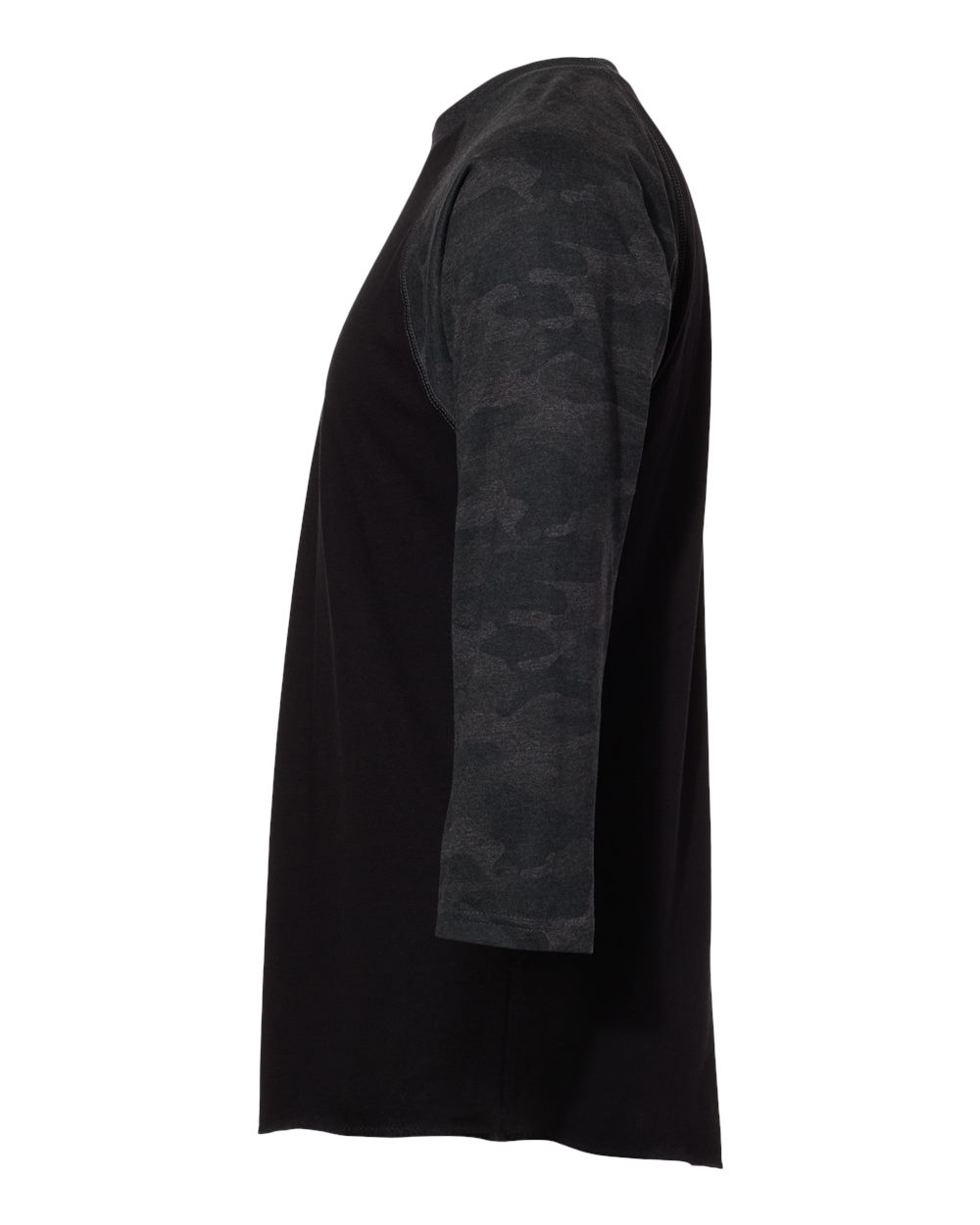 Left View of Black/ Storm Camo Baseball Fine Jersey Three-Quarter Sleeve Tee - 6930
