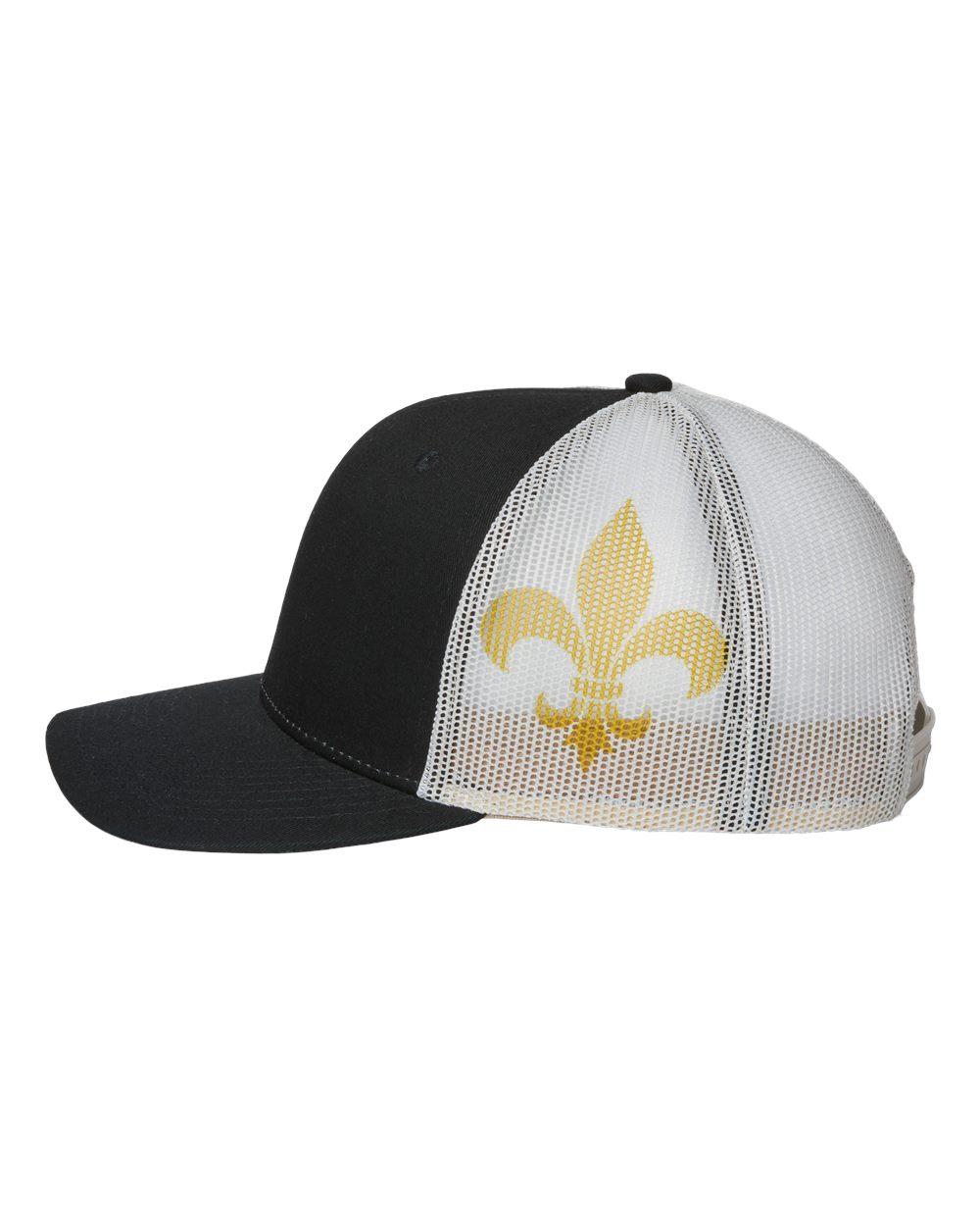 Left View of Black/ Vegas Gold/ Fleur De Lis Printed Mesh Trucker Cap - S700M