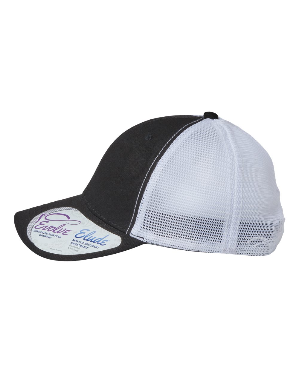 Left View of Black/ White Women's Modern Trucker Cap - CHARLIE