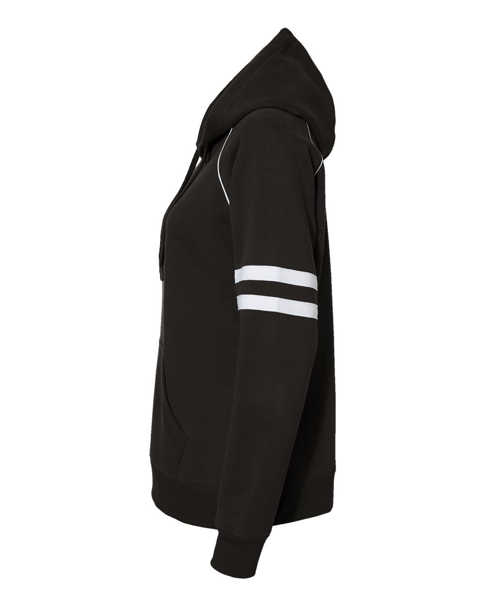 Left View of Black Women's Varsity Fleece Piped Hooded Sweatshirt - 8645