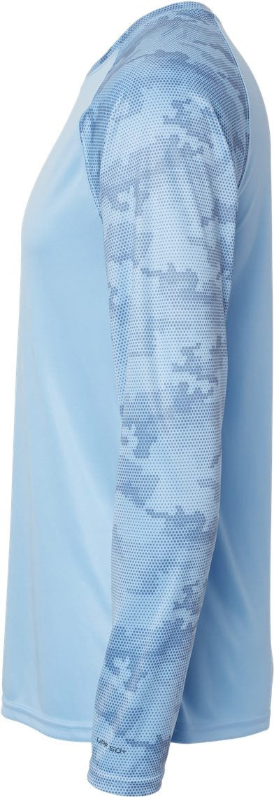 Left View of Blue Mist Cayman Performance Camo Colorblocked Long Sleeve T-Shirt - 216