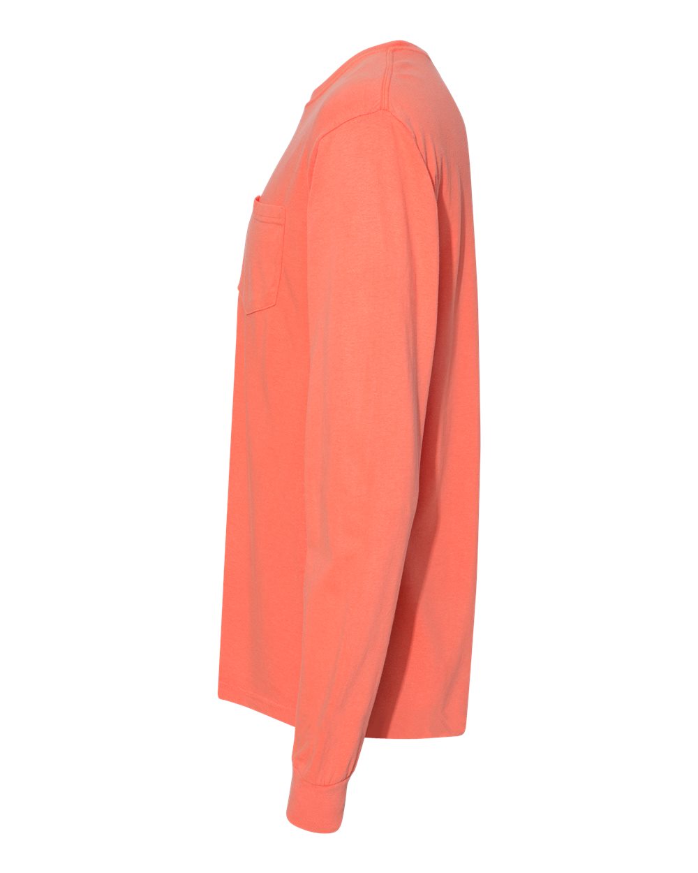 Left View of Bright Salmon Garment-Dyed Heavyweight Long Sleeve Pocket T-Shirt - 4410