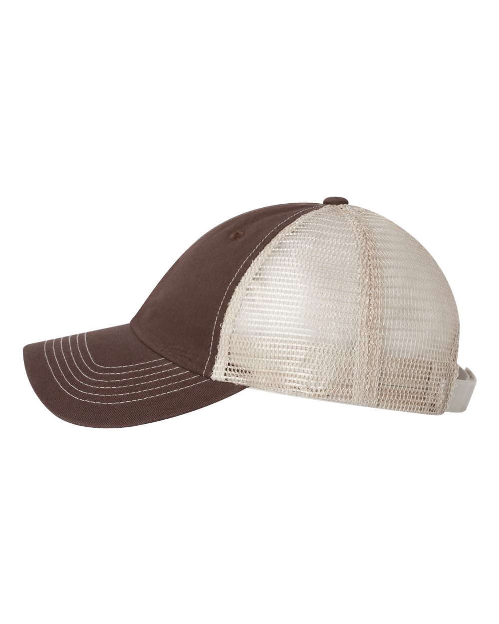 Left View of Brown/ Stone Contrast-Stitch Mesh-Back Cap - 3100