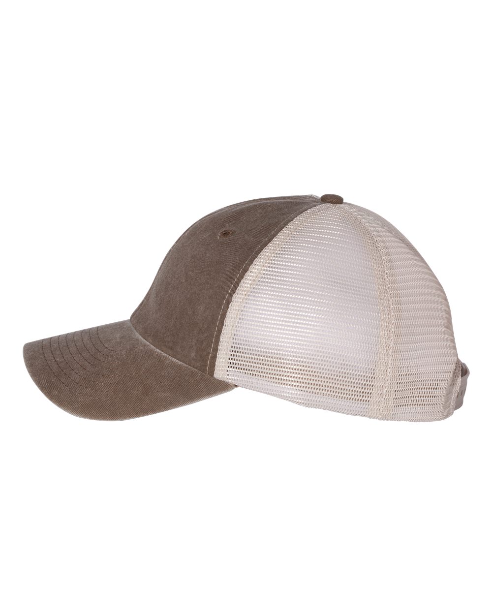 Left View of Brown/ Stone Pigment-Dyed Trucker Cap - SP510
