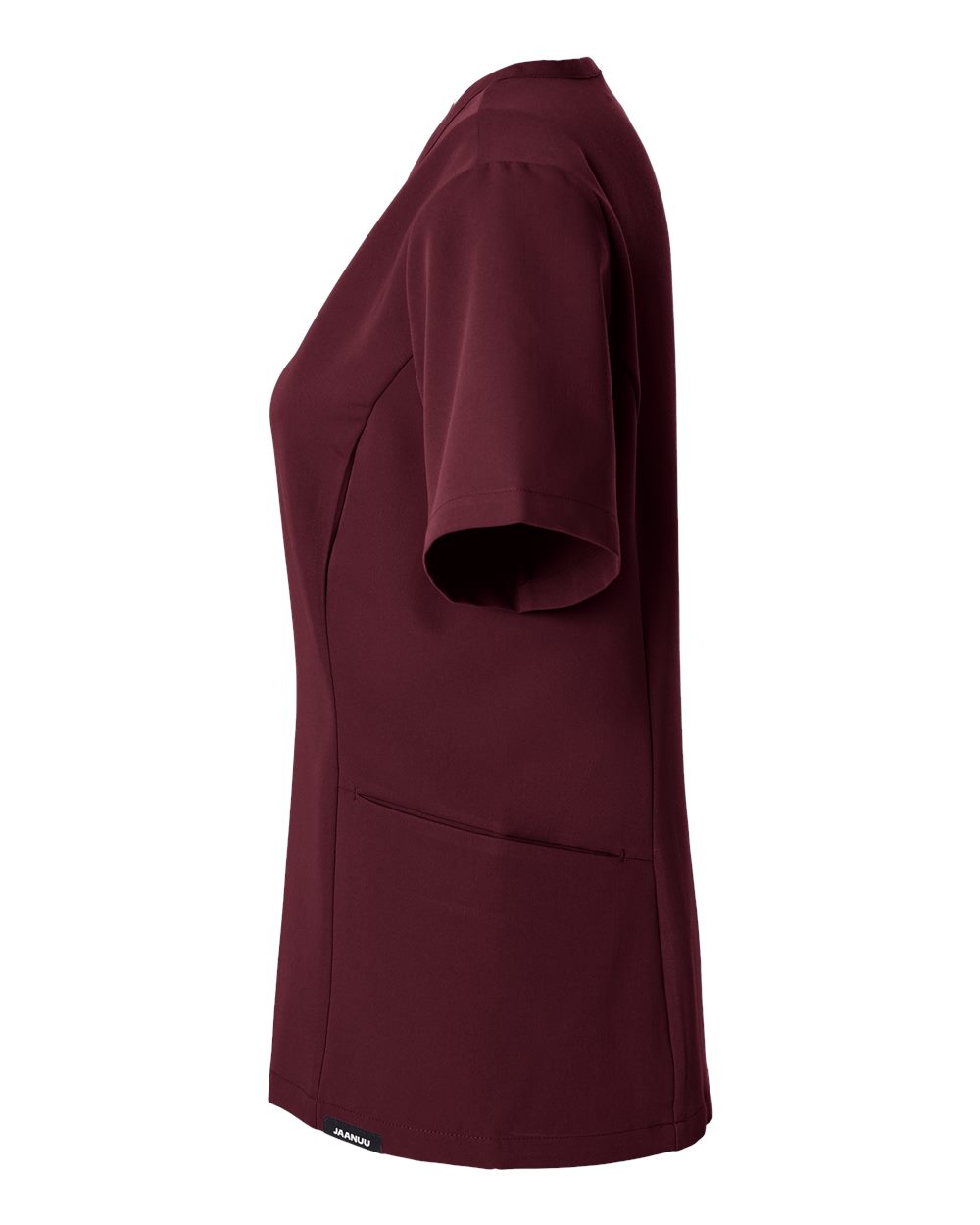 Left View of Burgundy Women's Calix Fit & Flare Scrub V-Neck Top - W10003