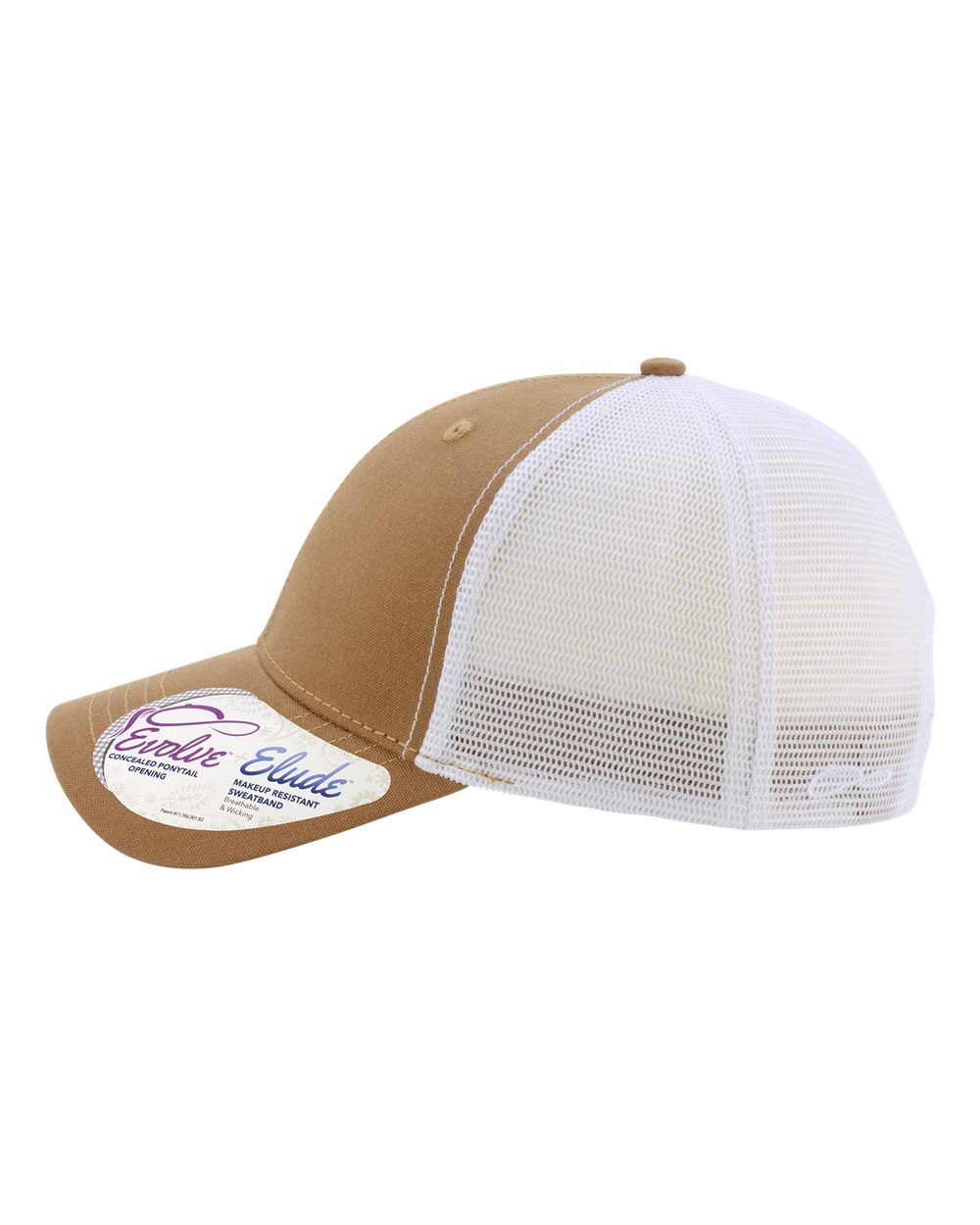 Left View of Caramel/ White Women's Modern Trucker Cap - CHARLIE