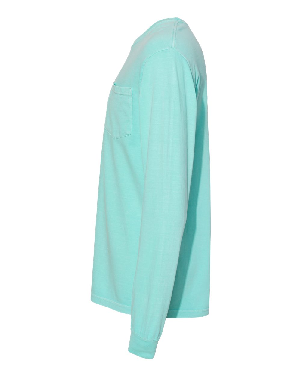 Left View of Chalky Mint Garment-Dyed Heavyweight Long Sleeve Pocket T-Shirt - 4410