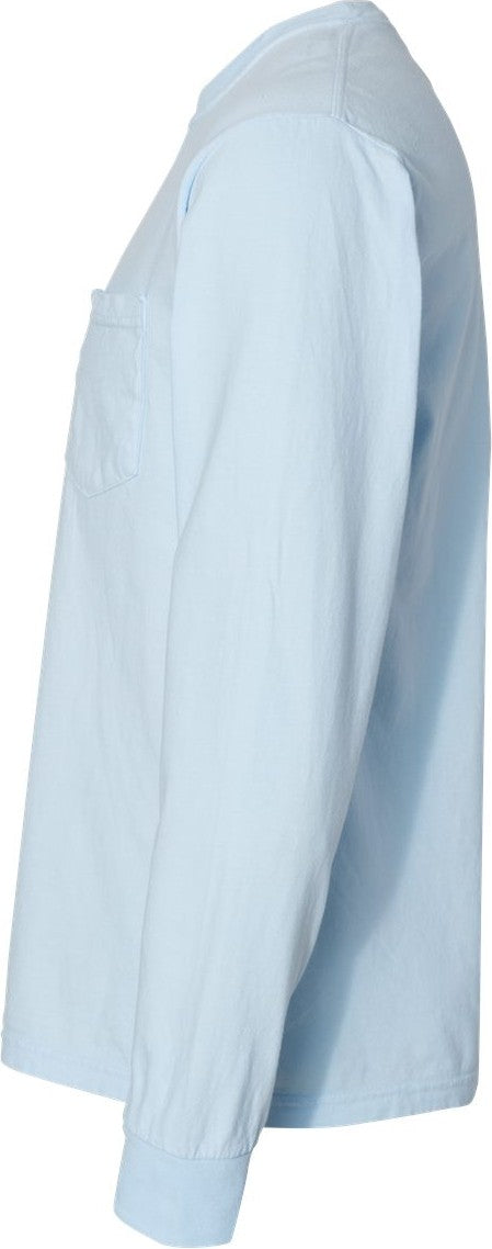 Left View of Chambray Garment-Dyed Heavyweight Long Sleeve Pocket T-Shirt - 4410