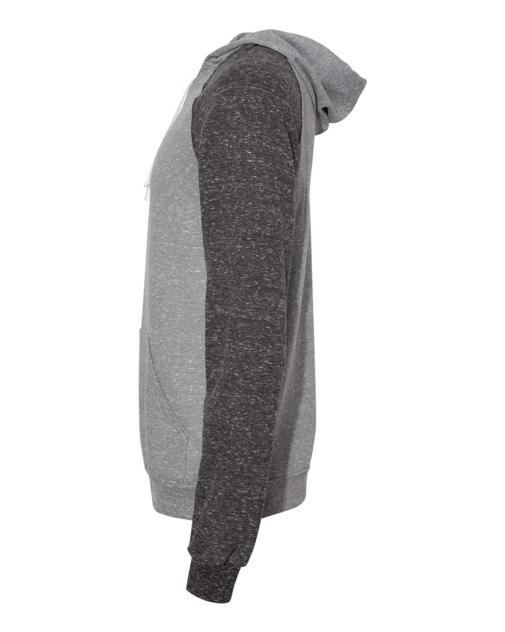 Left View of Charcoal/ Black Ink Snow Heather French Terry Raglan Hooded Sweatshirt - 90MR