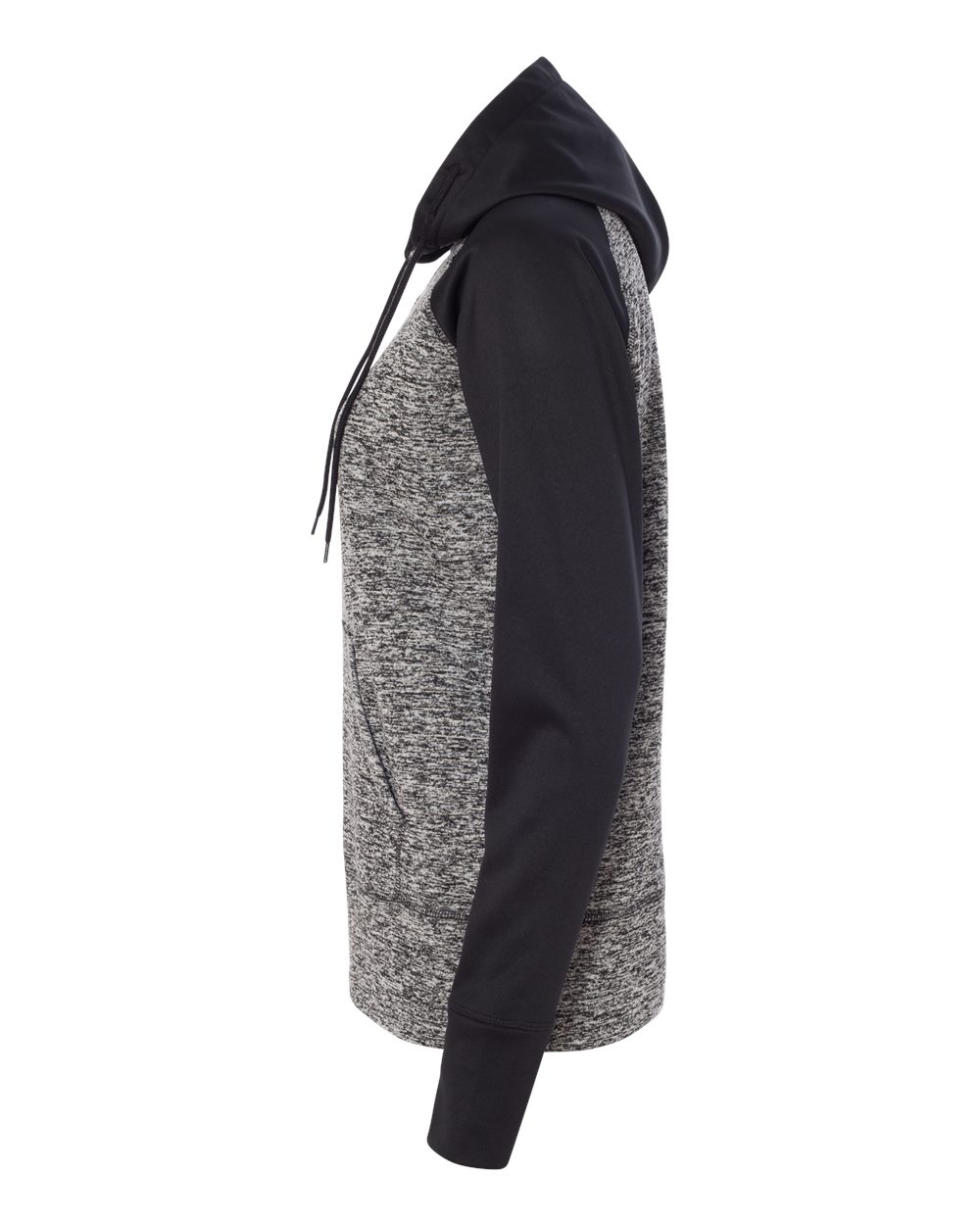 Left View of Charcoal Fleck/ Black Women’s Colorblocked Cosmic Fleece Hooded Sweatshirt - 8618