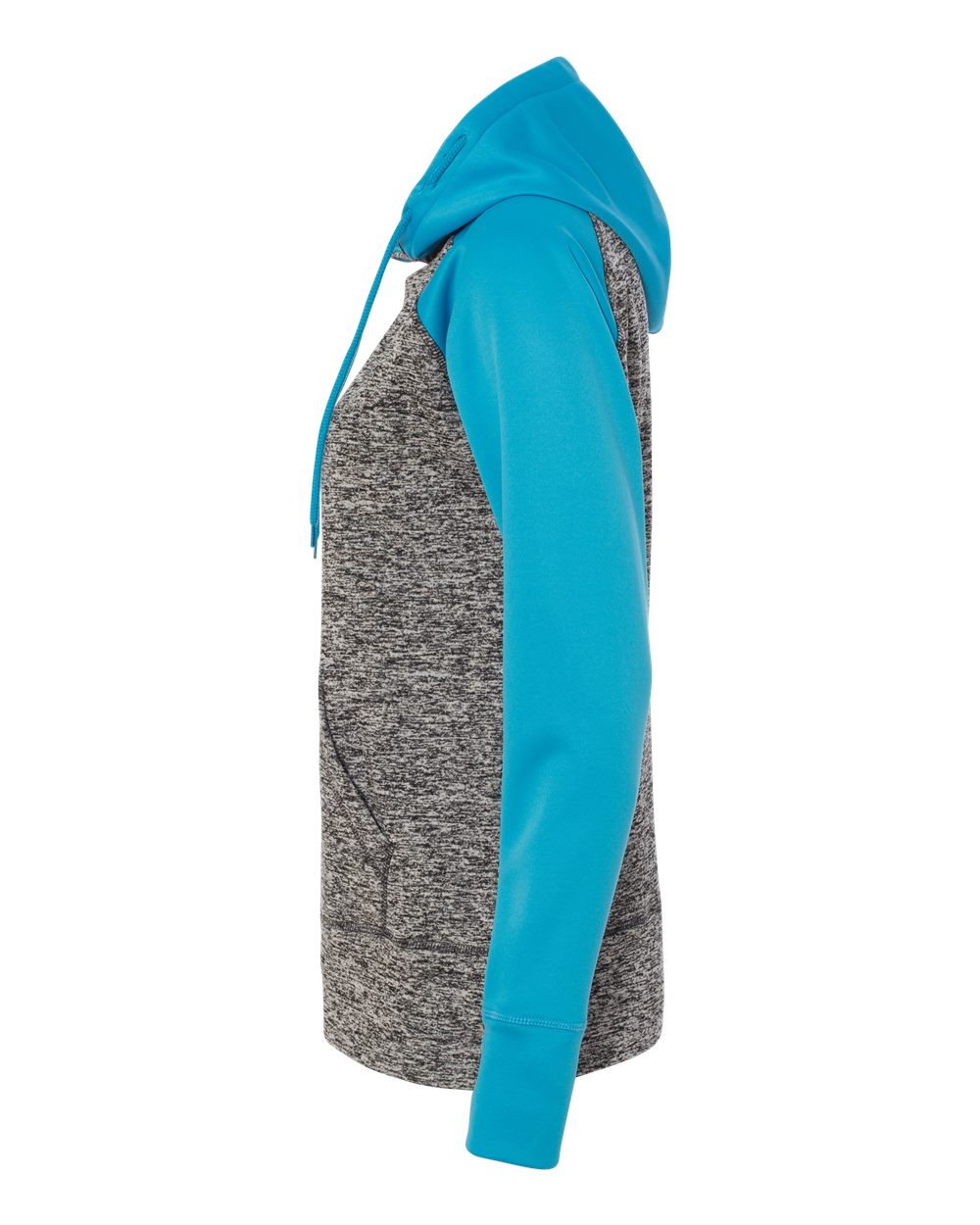 Left View of Charcoal Fleck/ Electric Blue Women’s Colorblocked Cosmic Fleece Hooded Sweatshirt - 8618