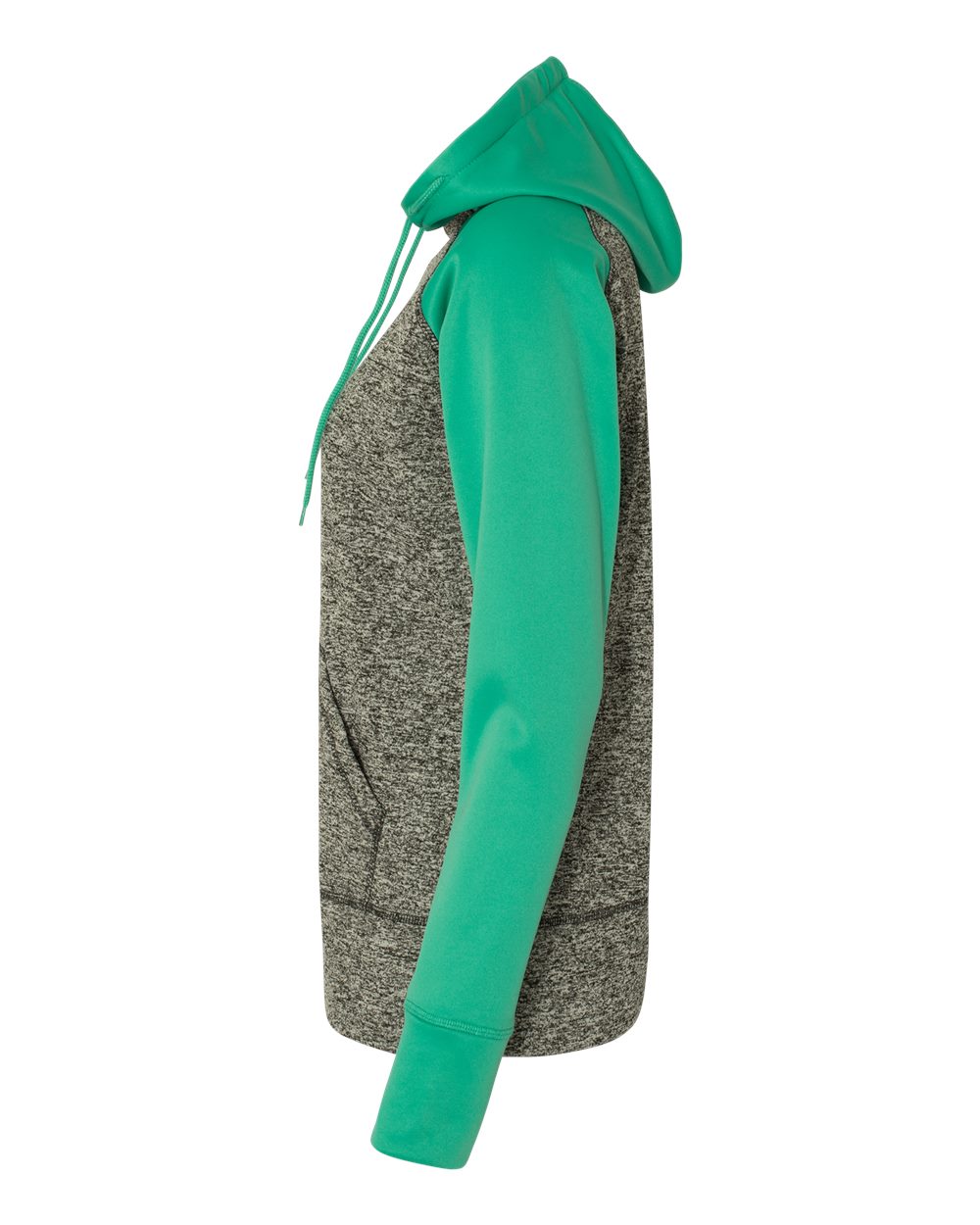 Left View of Charcoal Fleck/ Emerald Women’s Colorblocked Cosmic Fleece Hooded Sweatshirt - 8618