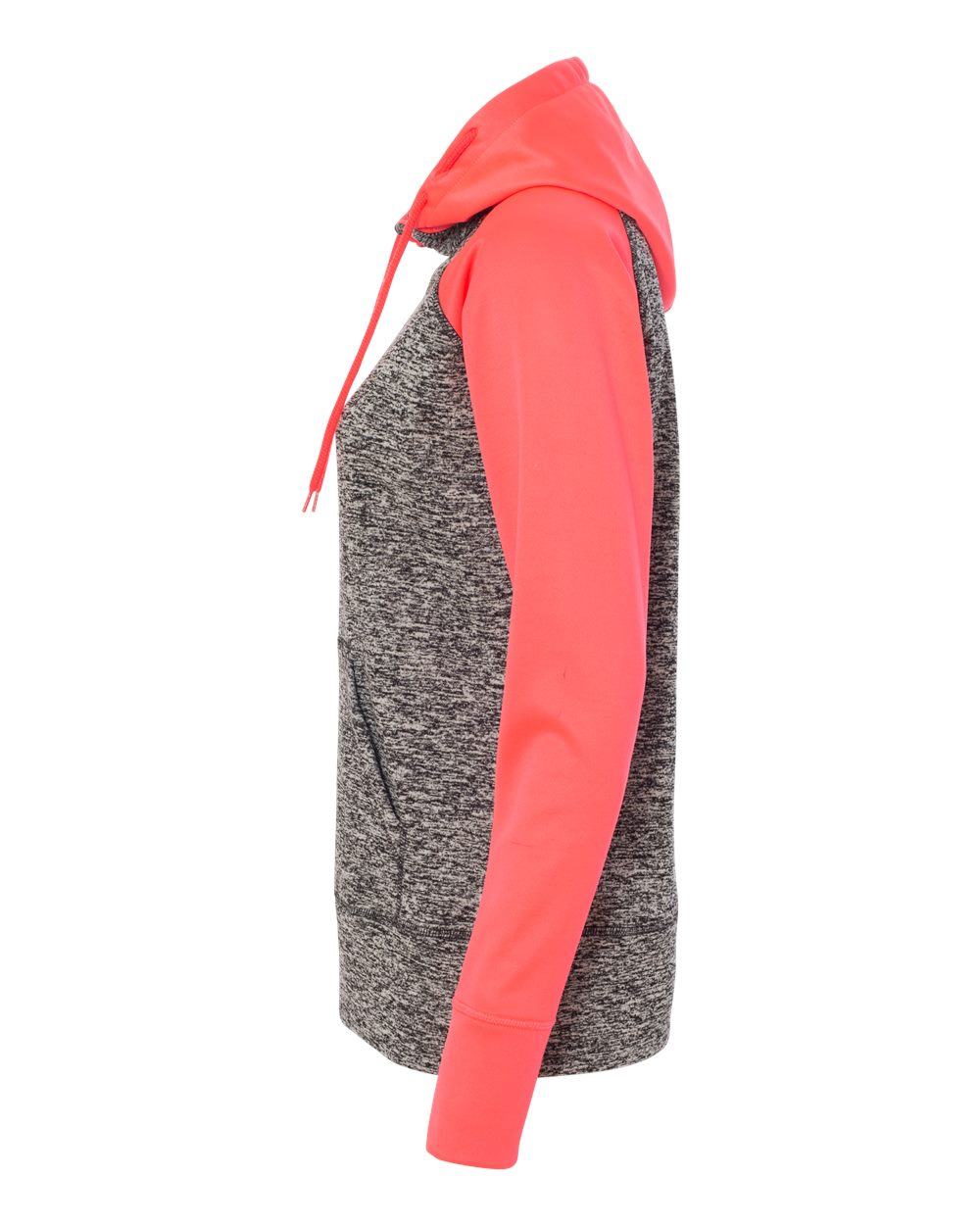 Left View of Charcoal Fleck/ Fire Coral Women’s Colorblocked Cosmic Fleece Hooded Sweatshirt - 8618