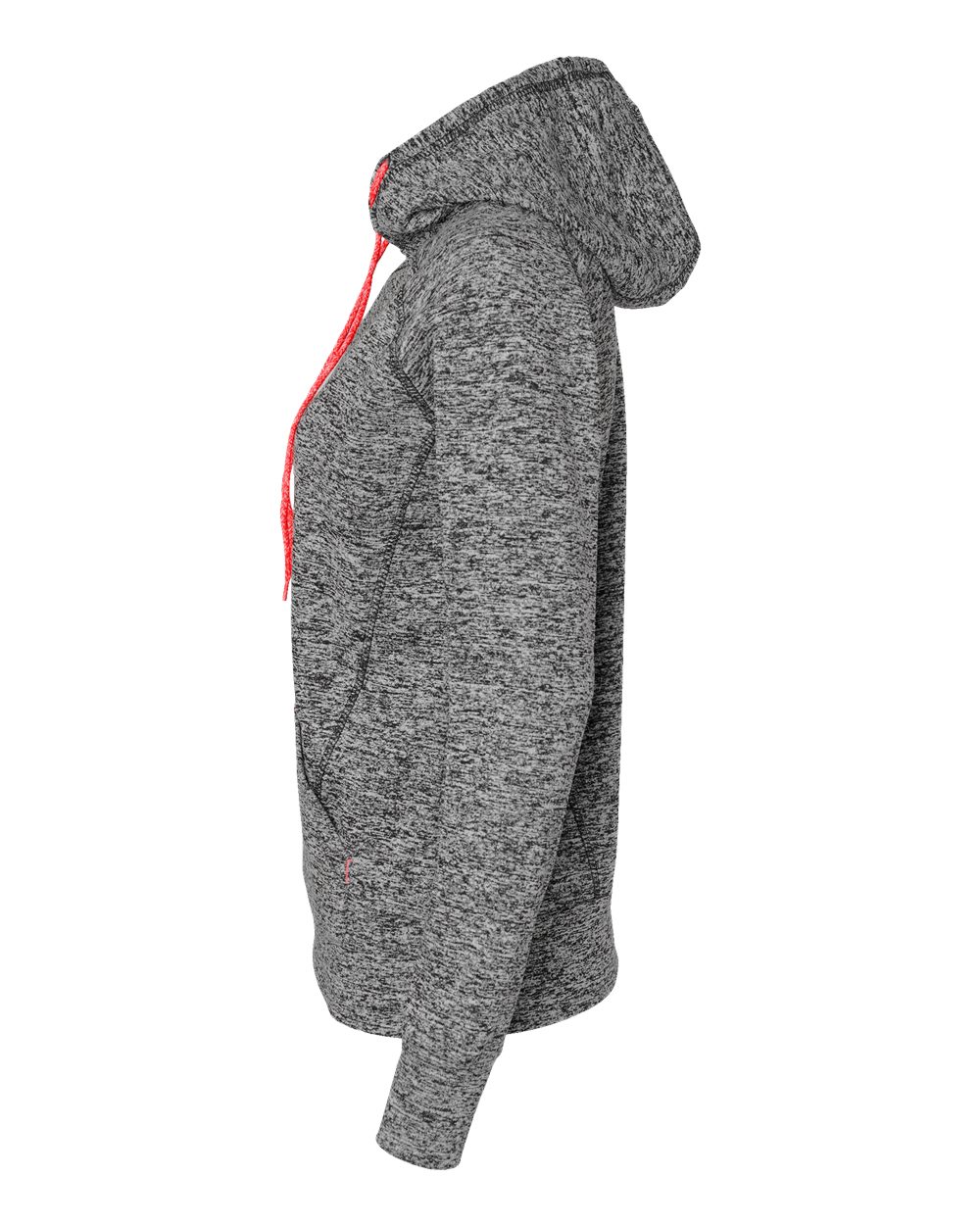 Left View of Charcoal Fleck/ Fire Coral Women’s Cosmic Fleece Hooded Sweatshirt - 8616