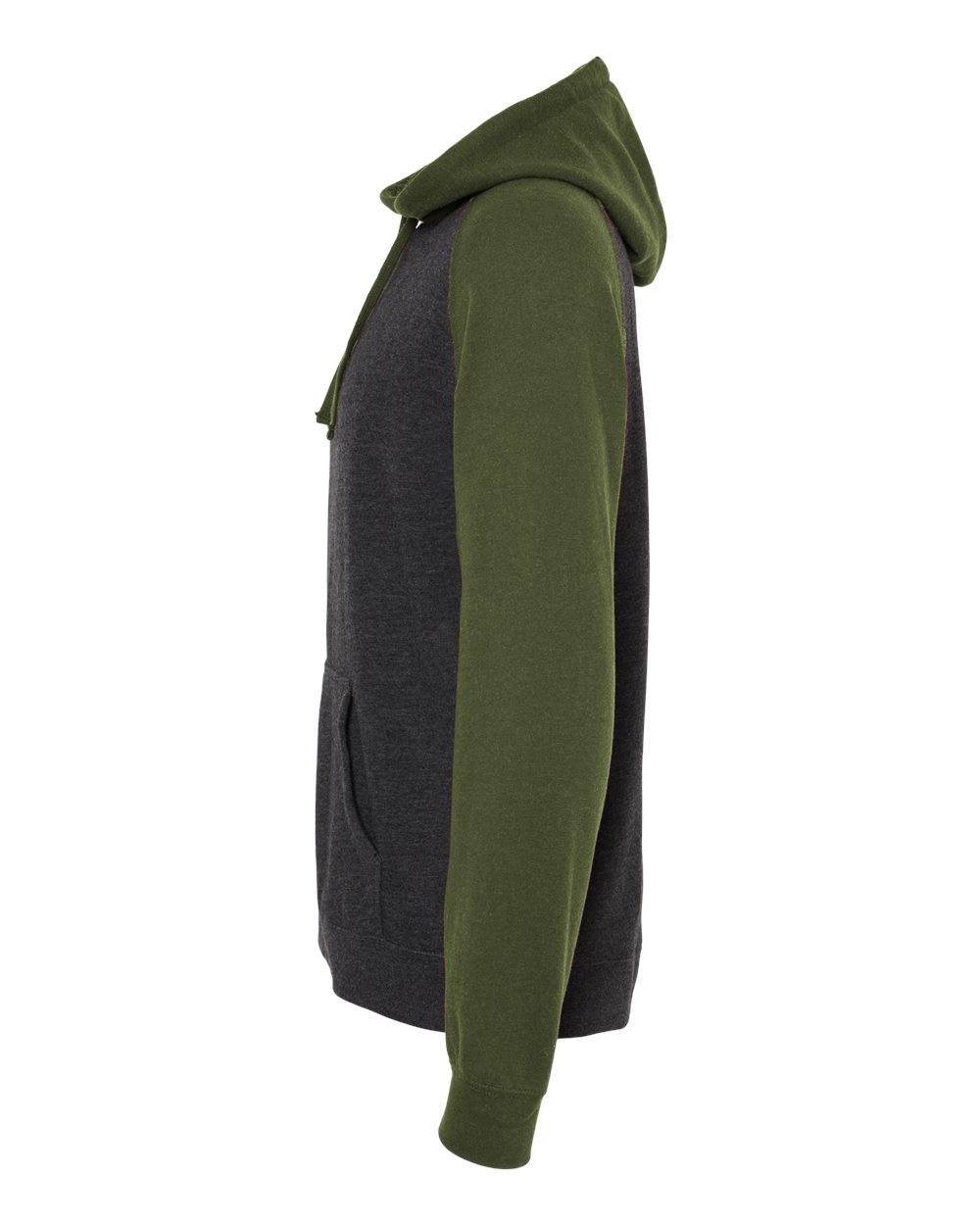 Left View of Charcoal Heather/ Army Heather Raglan Hooded Sweatshirt - IND40RP