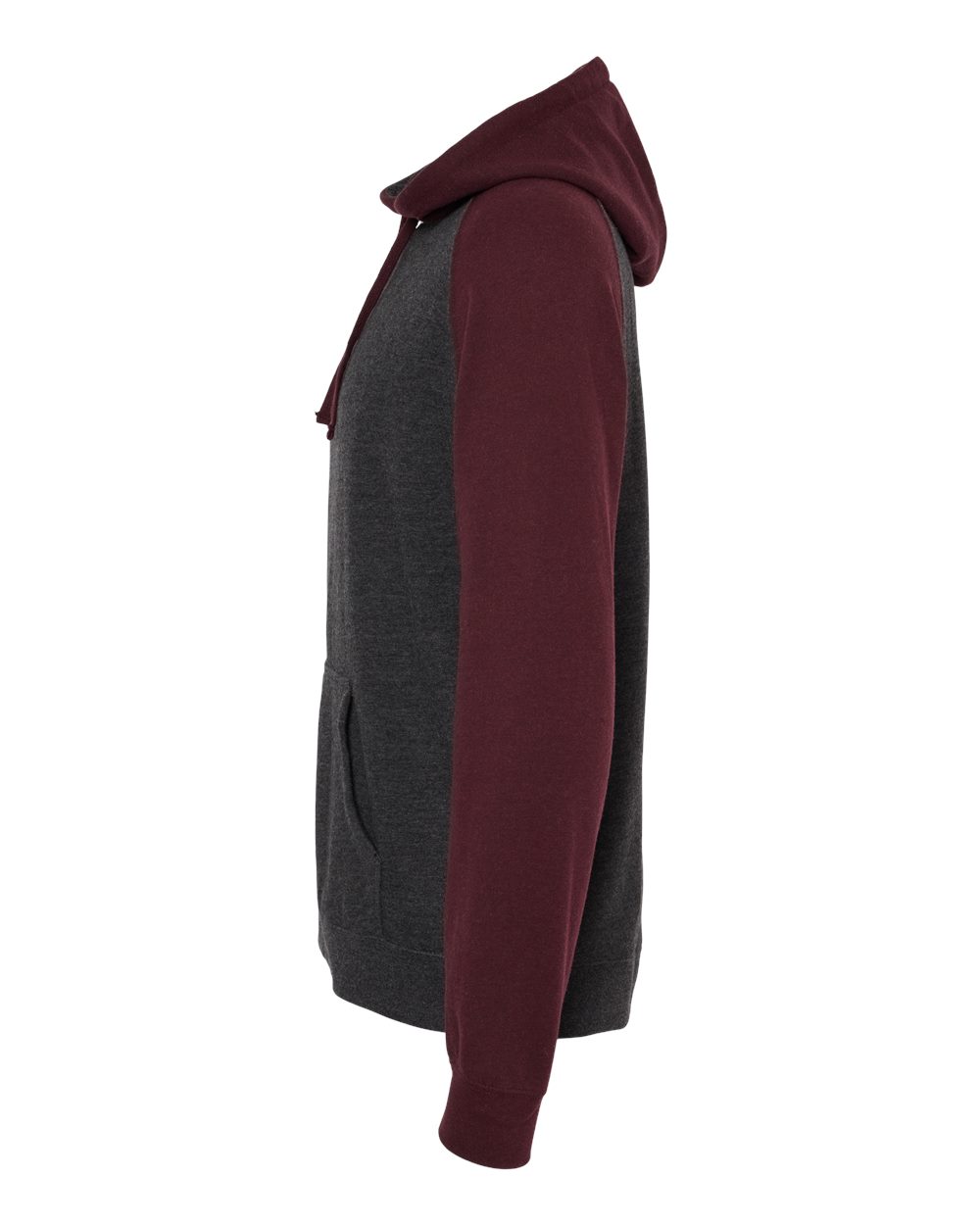 Left View of Charcoal Heather/ Burgundy Heather Raglan Hooded Sweatshirt - IND40RP
