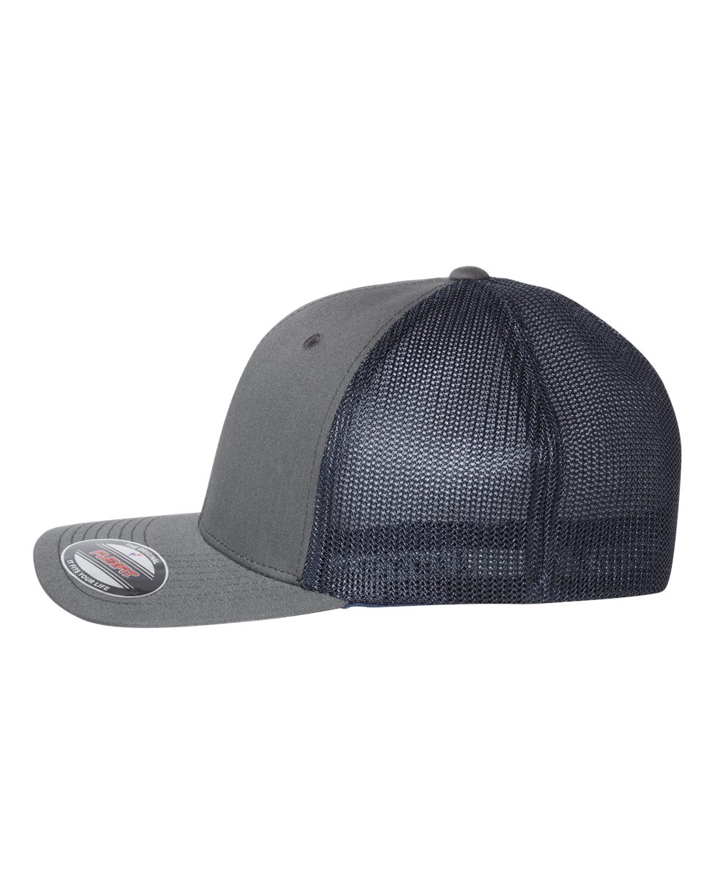 Left View of Charcoal/ Navy Trucker Cap - 6511