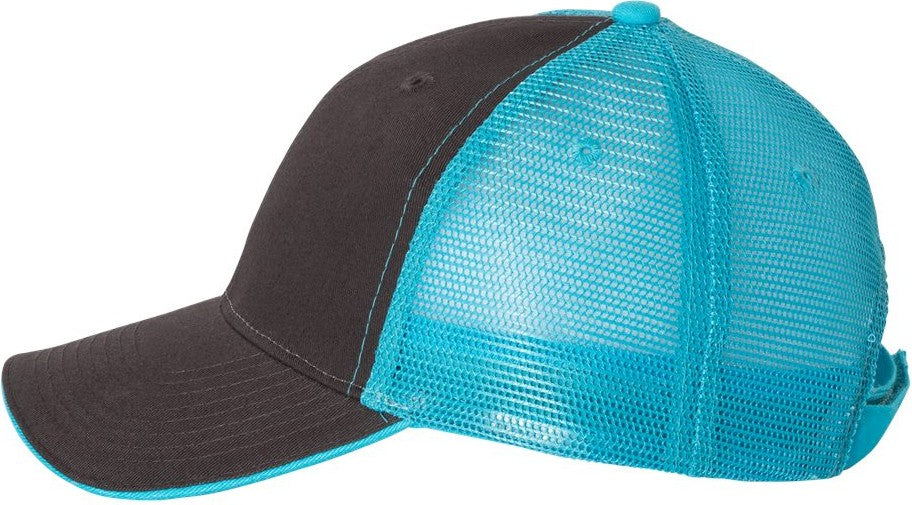 Left View of Charcoal/ Neon Blue Sandwich Trucker Cap - S102