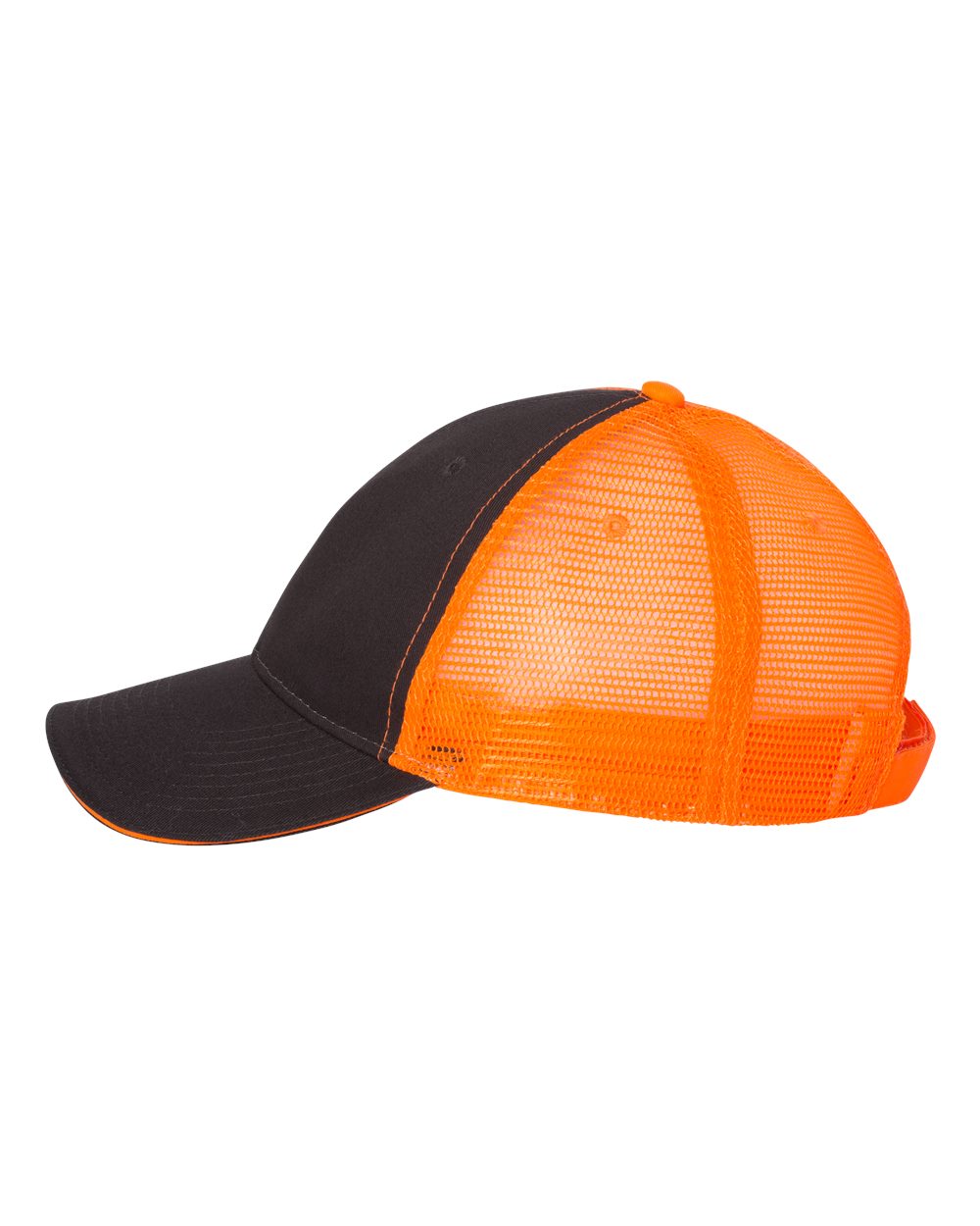Left View of Charcoal/ Neon Orange Sandwich Trucker Cap - S102