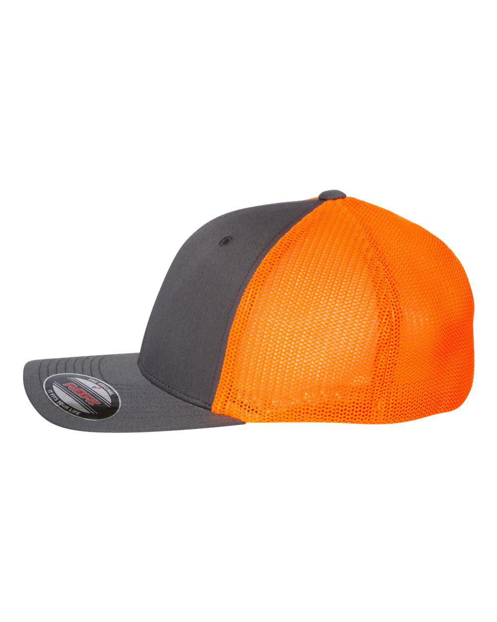 Left View of Charcoal/ Neon Orange Trucker Cap - 6511