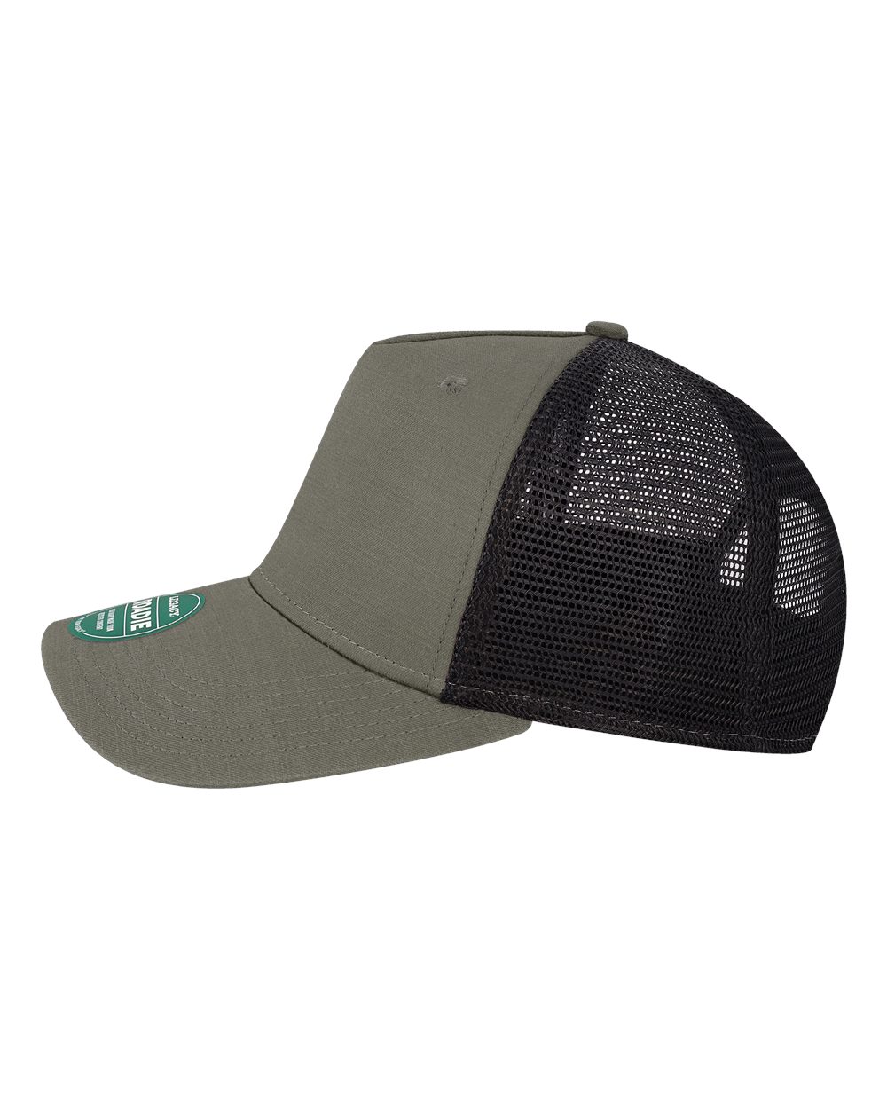 Left View of Charcoal Slub/ Black Five-Panel Trucker Cap - ROADIE