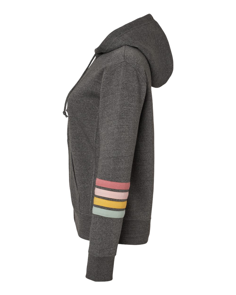Left View of Charcoal Women's Striped Sleeves Full-Zip Hooded Sweatshirt - W22732