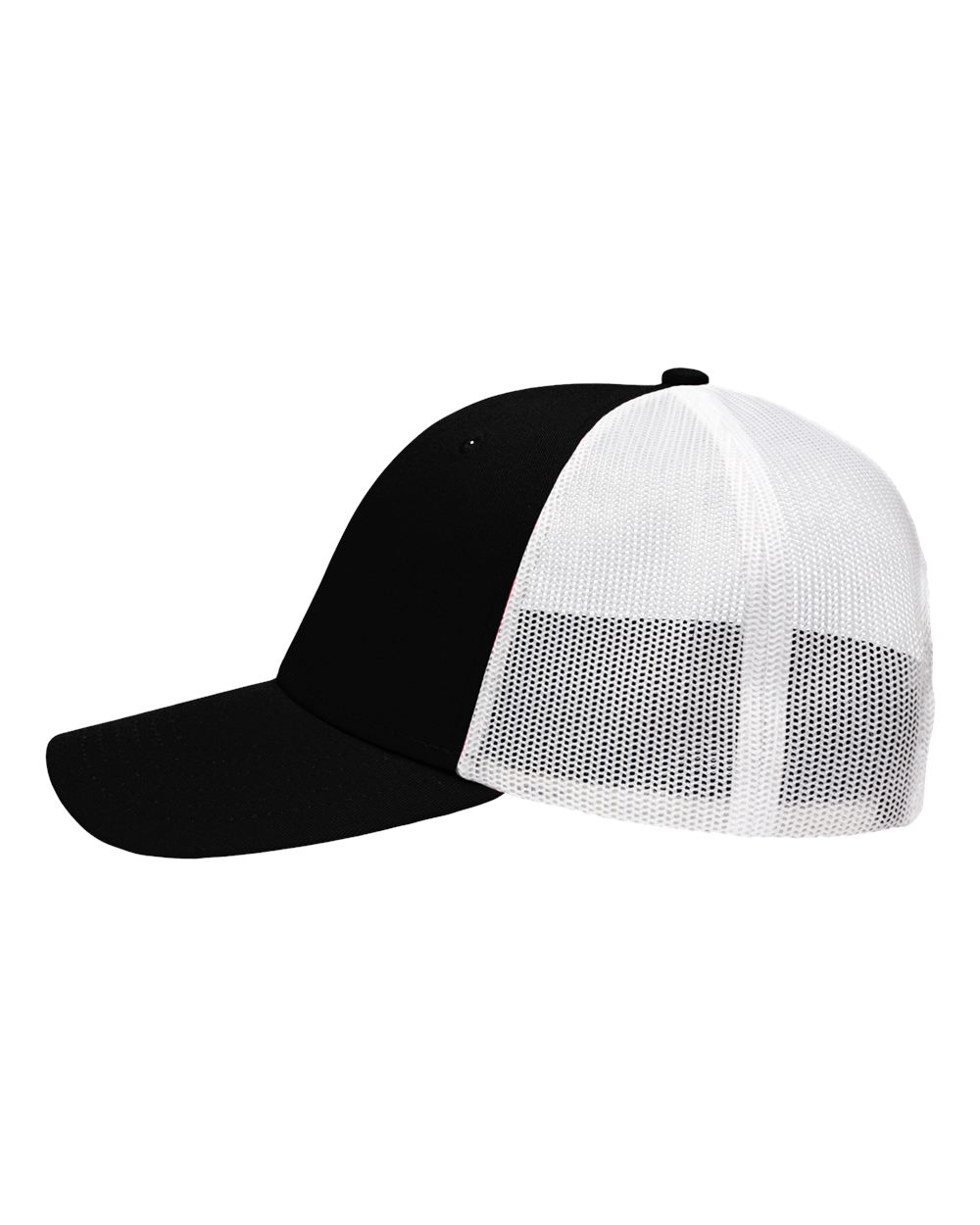 Left View of Chino Black/ White Traditional Lo-Pro Mesh Back Trucker Fit Cap - SP1450