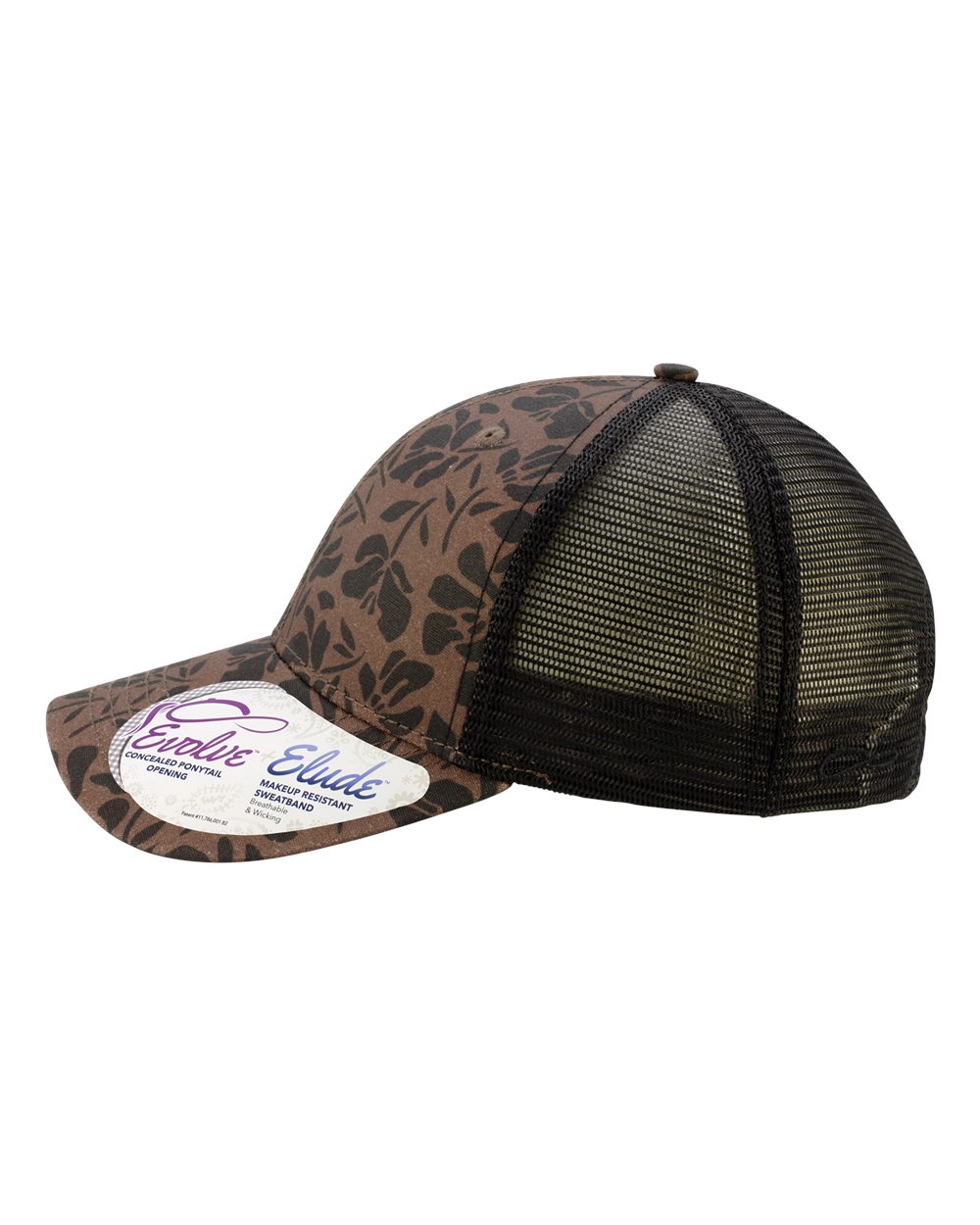 Left View of Chocolate Floral/ Black Women's Modern Trucker Cap - CHARLIE