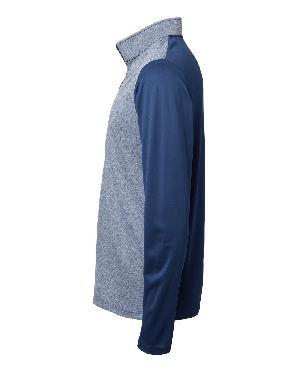 Left View of Collegiate Navy Melange/ Navy/ Grey Three Heather Block Print Quarter-Zip Pullover - A522