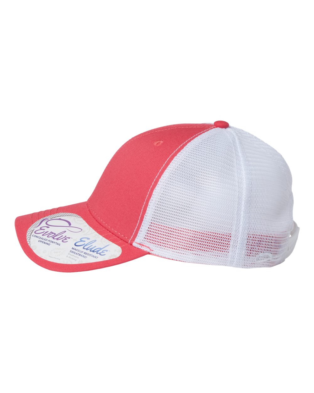 Left View of Coral/ White Women's Modern Trucker Cap - CHARLIE