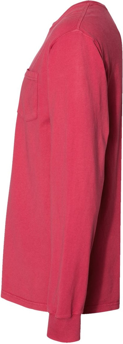 Left View of Crimson Fall Garment-Dyed Long Sleeve T-Shirt With a Pocket - GDH250