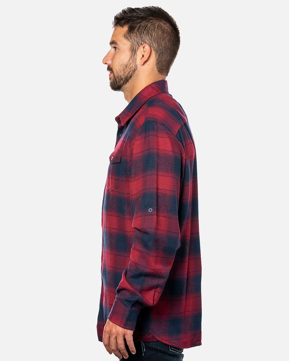 Left View of Crimson/ Navy Yarn-Dyed Flannel Shirt - 8210