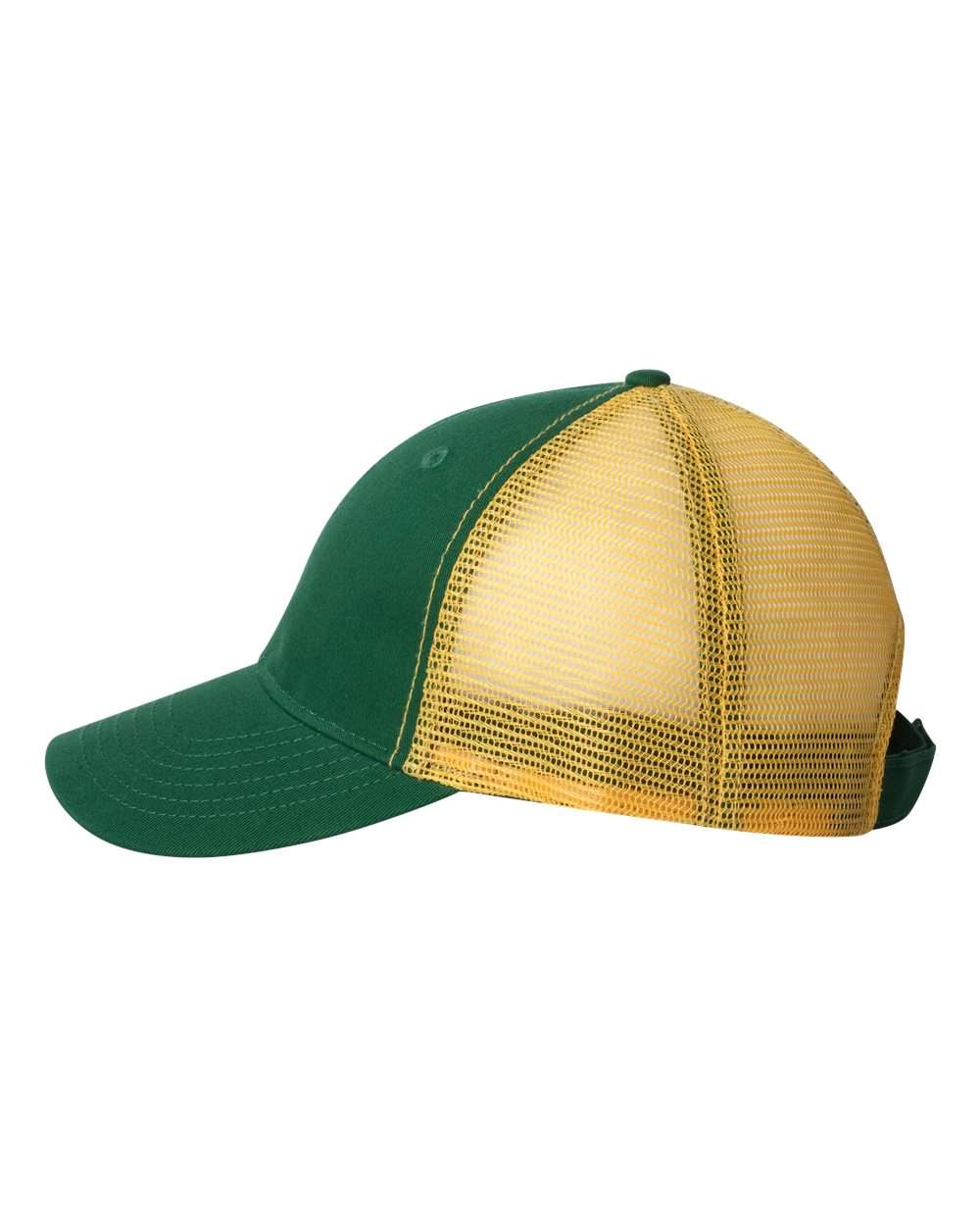 Left View of Dark Green/ Gold Bio-Washed Trucker Cap - AH80
