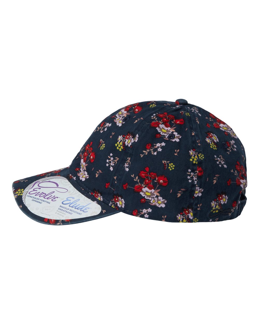Left View of Dark Navy/ Floral Women's Garment-Washed Fashion Print Cap - HATTIE