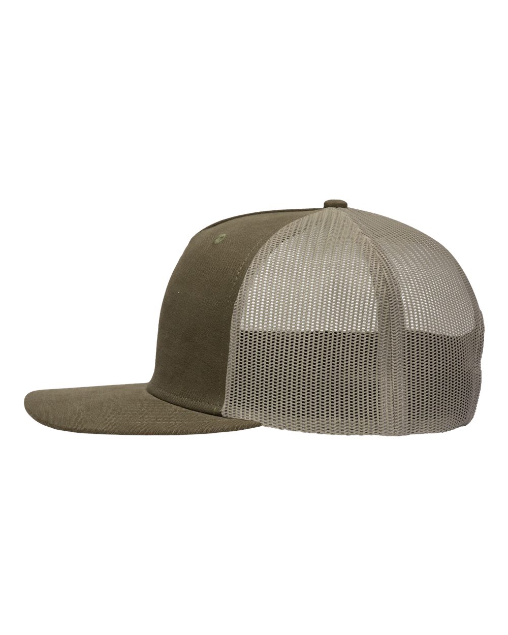 Left View of Dark Olive Green/ Khaki Modern Five-Panel Trucker Fit Cap - SP1550
