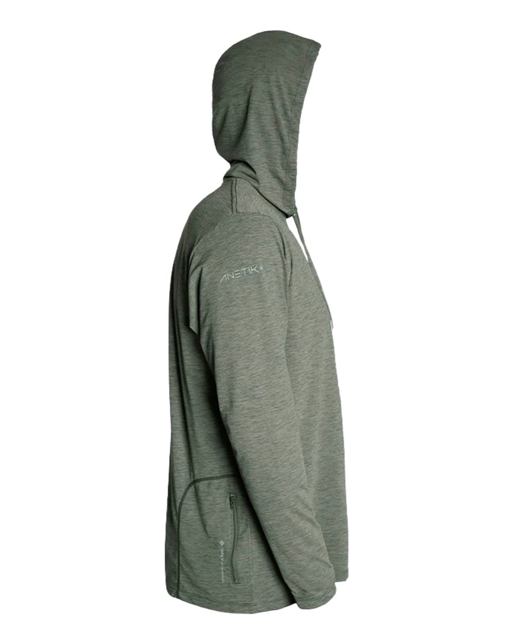 Left View of Dark Olive Heathered Low Pro Tech Hooded Long Sleeve T-Shirt - MVLPRH8